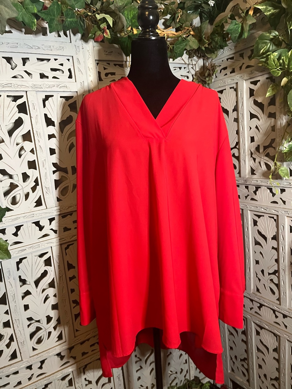 TERRA & SKY TOMATO-RED LOVELY CHIFFON LONG SLEEVE HIGH-LOW PLUS SIZE TOP